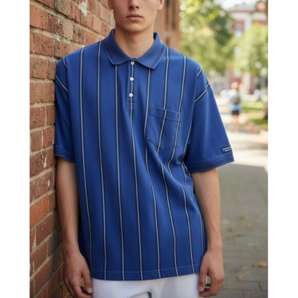 Eddie Bauer Golf Polo Shirt XL Blue Striped Short Sleeve Mens Shirt - Picture 1 of 10